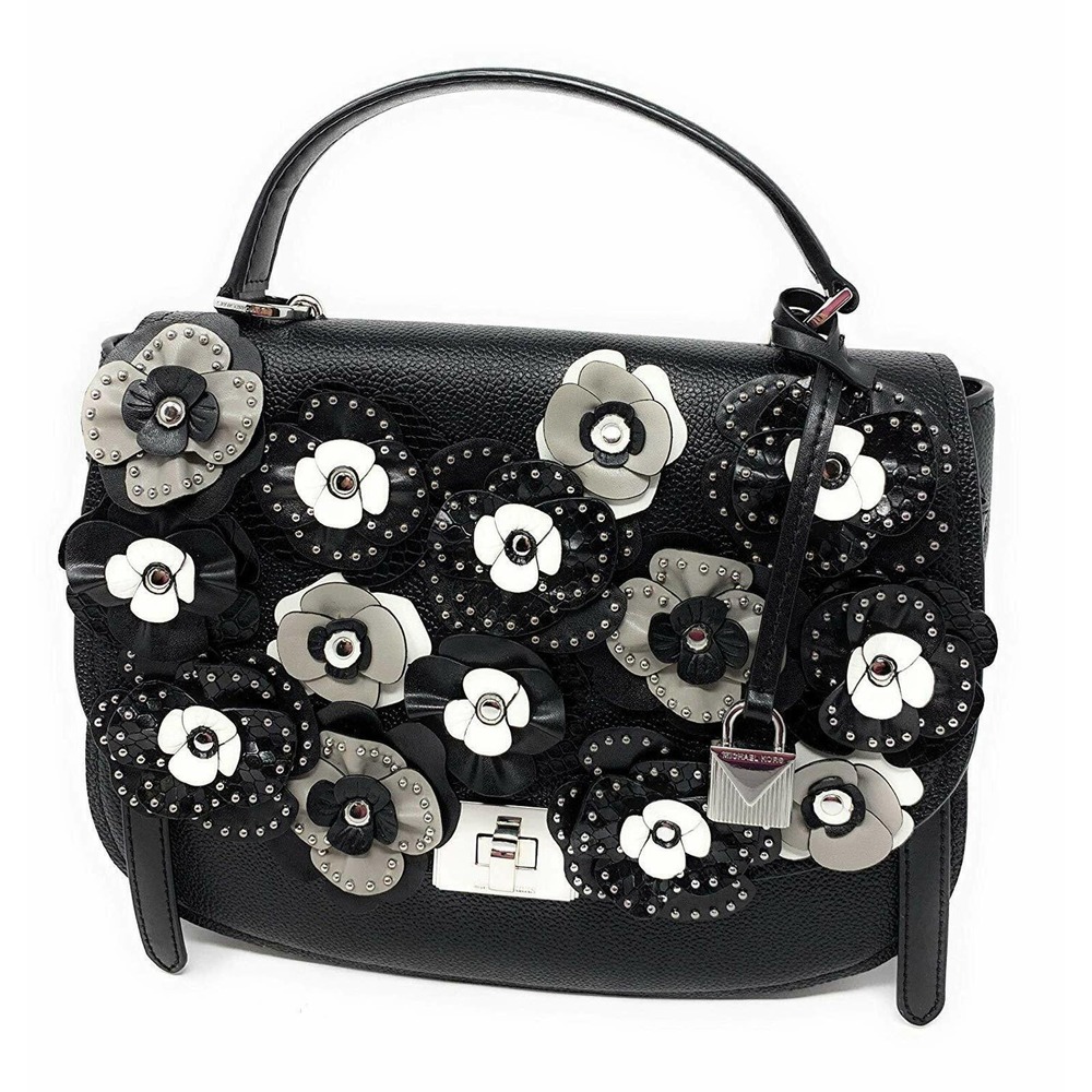Michael Kors CASSIE Large TH Satchel Leather Handbag Bag Black/Floral $528 Nwt